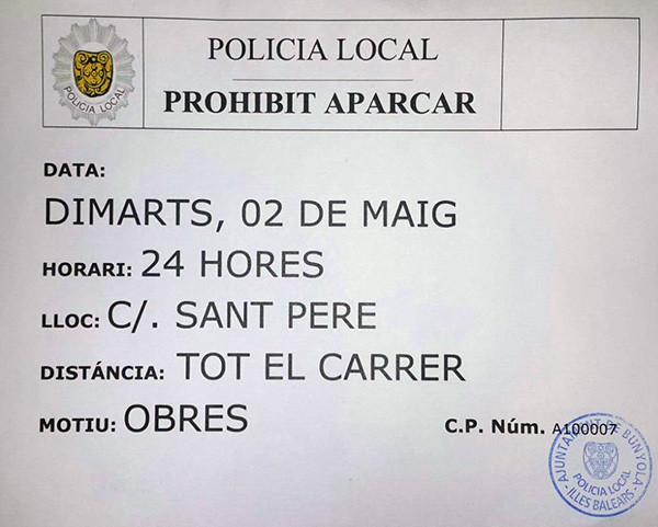 Prohibició d'aparcament als carrers de Sant Pere i Establidors